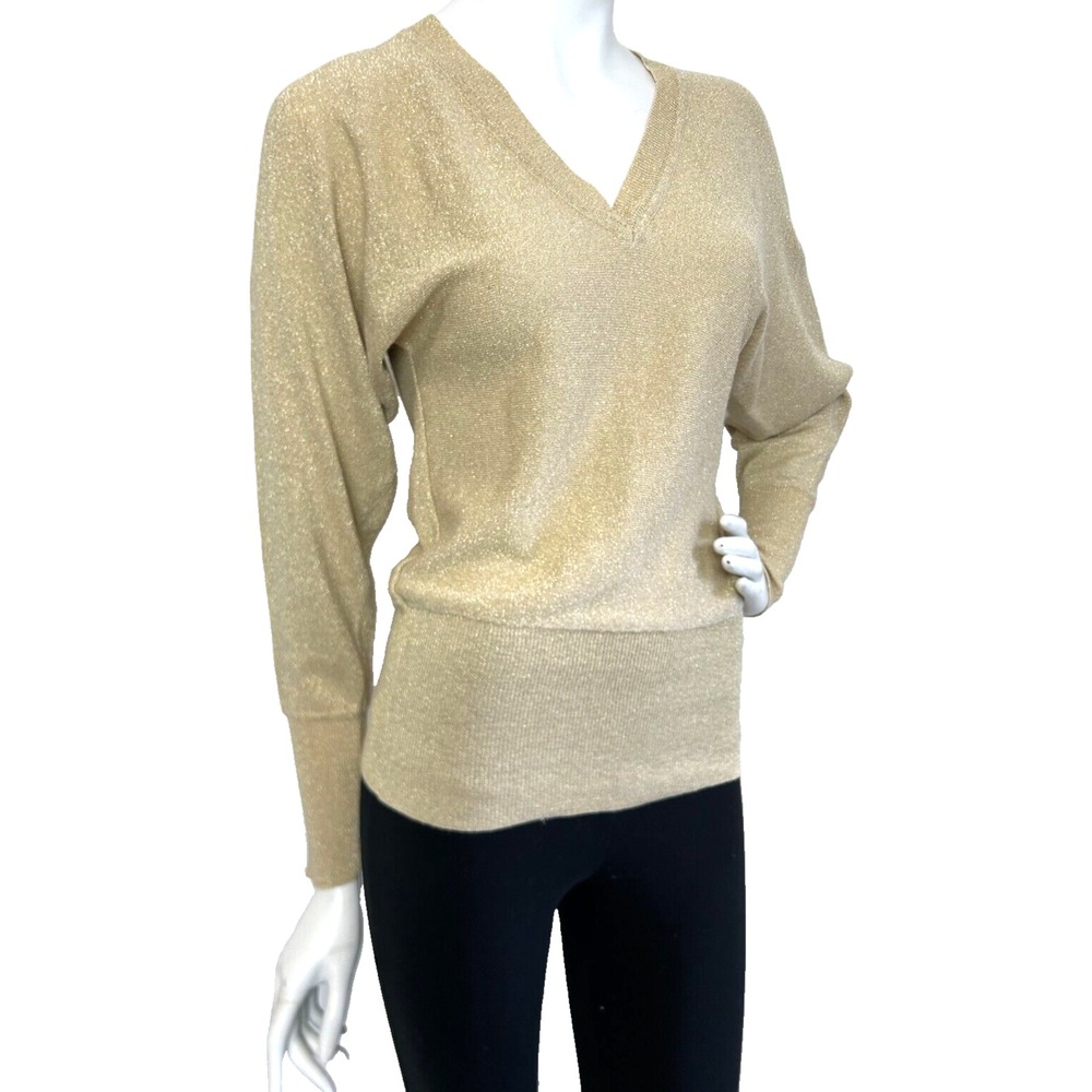 Vintage Kikit Sweater Small Gold Metallic VNeck Dolman Sleeve Knit 90s Party EUC